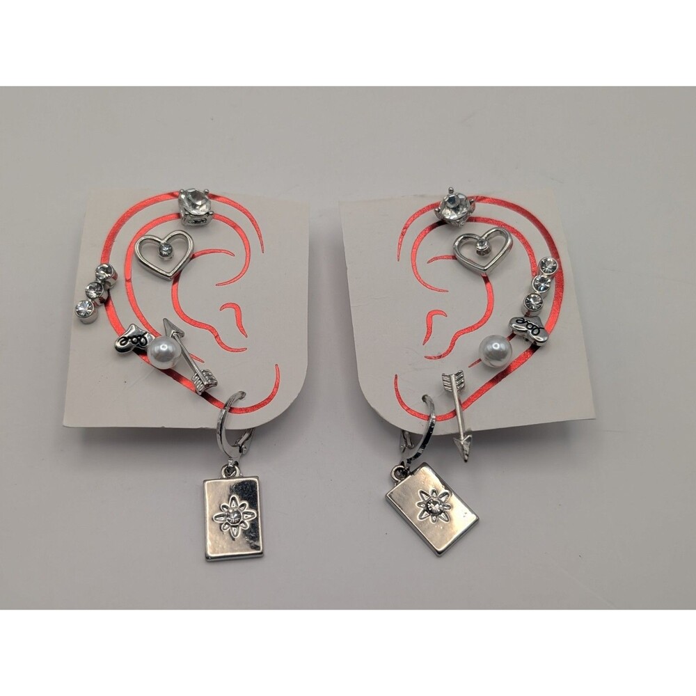 Silver Ear Cuff Stud Earring Set Gothic Grunge Tarot Card Arrow Heart Pearl 14pc